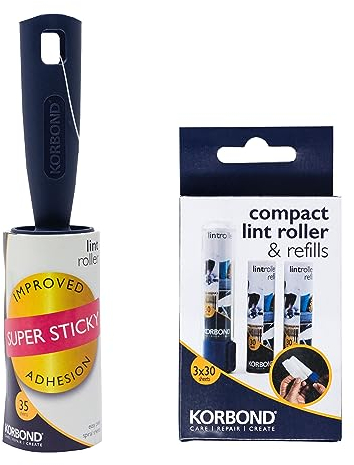 Korbond Full Size & Compact Lint Roller Set - 35 Sheets + 2 Refills - Lint & Pet Hair Remover, Blue