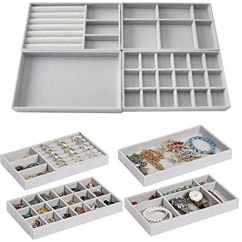 CHEVVY 4 Stk. Schmucktabletts Stapelbar Aufbewahrung Schmuck Schmuckkästchen Aufbewahrung Box Samt für Halsketten Armbänder Ohrringe Ringe Uhren-Grau