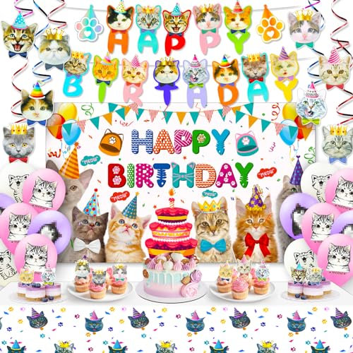 Decorazioni di compleanno per gatti, forniture per feste di gatto, include sfondo di compleanno per gatti, striscioni da appendere per feste di compleanno e tovaglia per gattini, gatti, ragazze