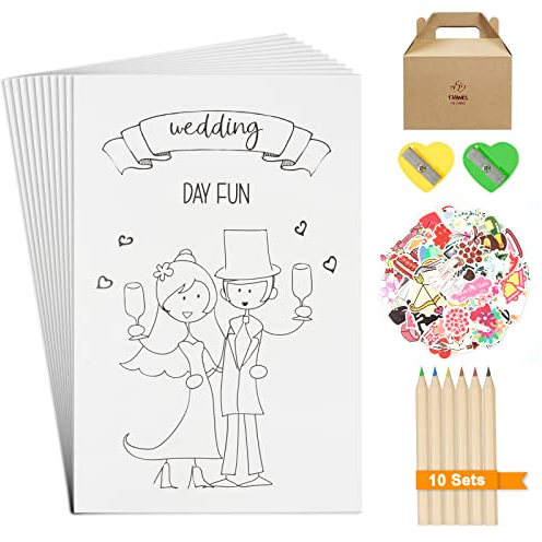 Hochzeitsmalbuch Kinder, Malbuch Hochzeit für Kinder 10er Set, Hochzeitsmalbuch für Kinde + Buntstiften + Anspitzer+ Aufkleber, Hochzeitsmalbuch für Kinder, Kinderbeschäftigung Hochzeit