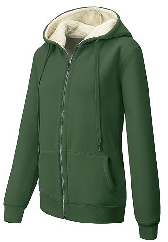 MOVE BEYOND Giubbotto Felpa da Donna con Cappuccio Foderato in Pile Caldo Giacca Invernale a Maniche Lunghe con Zip Hoodie Casual Monocolore, Verde, M