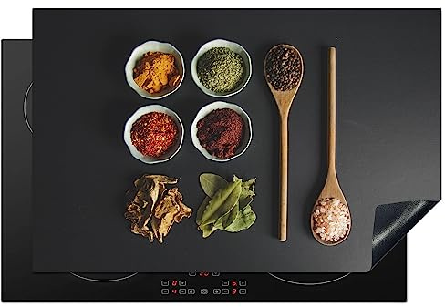 KitchenYeah© Induction Hob Protector Mat Cooker Top Protectors Cover | 20.5x31. / 80x52 cm - Ceramic Covers Electric Hobs Vinyl Ladle - Spices - Herbs - Green - Brown - Rustic