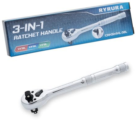 Ryrura 3-IN-1 Drive Ratchet Wrench,1/4,3/8,1/2 Socket Ratchet Handle,72-Tooth Reversible Switch,3/8 Pole,Chrome Plating, Alloy Steel,Full-polished Plating,Alloy Steel,Full-polished