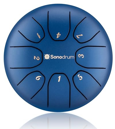 Sonodrum Zungentrommel Standard C - Dur in Blau - 14 cm klein mit 8 Tönen - Steel Tongue Drum inkl. Liederbuch, Schlägel, Fingersticks und Tragetasche - Notenlesen nicht nötig, einfach zu spielen.