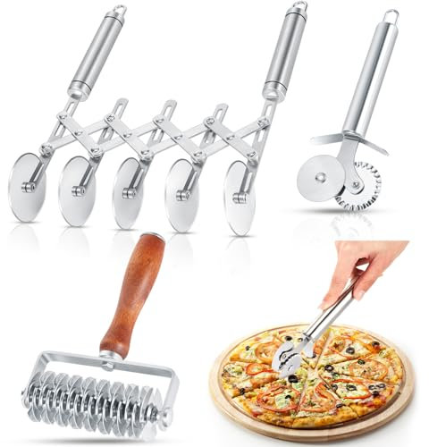 Gisafai Set of 3 Pastry Cutters Pizza Slicer Adjustable 5 Wheels Stainless Pastry Lattice Roller Cutter Double Ravioli Cutter Pasta Dough Cutter