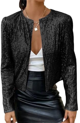 Tomwell Damen Glänzend Pailletten Jacke Cardigan Langarm Lässige Tops Kurz Oberteile Eleganter Blazer Glitzer Party Stehkragen Business Anzugjacke Clubwear
