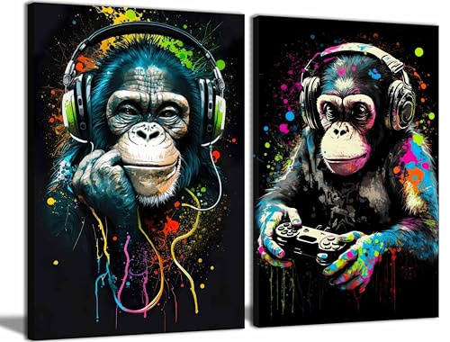 Graffiti Gaming Canvas Wall Art Game Room Decor Boys Gamer Controller Poster Animals Vintage Watercolor Cool Music Chimpanzee Pictures Painting Boys teeny Room Kids Game for Room Bedroom Decoration