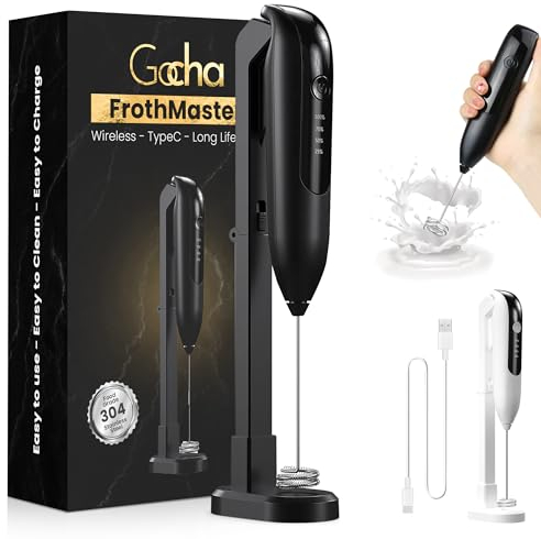 GOCHA Gadgets Espumador de leche recargable de mano con soporte, mezclador eléctrico para café, capuchino, latte, matcha, 2 velocidades ajustables, carga inalámbrica portátil tipo C (negro)