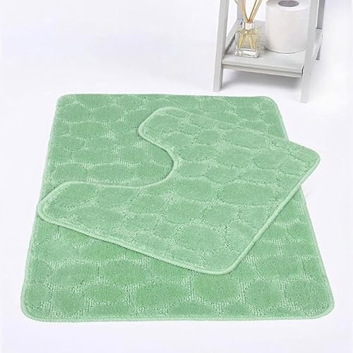 Lot de 2 tapis de bain luxueux à motif galets – Tapis de salle de bain absorbant l'eau avec fonction antidérapante – 100 % polypropylène – Comprend un tapis pour WC et WC (vert sauge)