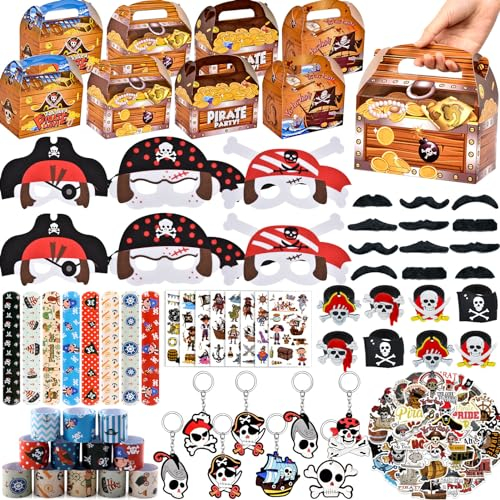 114pcs Cadeau Anniversaire Pirate Enfants Masque en Feutre Coffre Trésor Bracelet à Claquer Porte-Clés Tatouage Autocollant Bague Moustache Boite Cadeau Kit Pirate Pinata Anniversaire Garcon