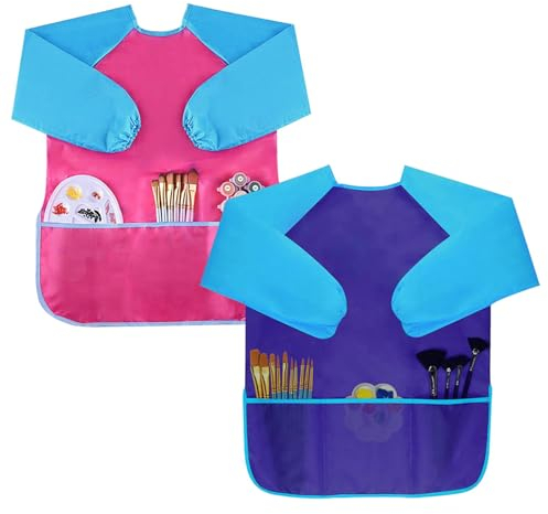 Moseem Malschürze Kinder 2 Stück, Malkittel Kinder Wasserdicht 3-8 Jahre Mädchen/Junge, Bastelschürze Kinder mit Ärmeln und 3 Taschen für Schule Kunst Malerei,Kochen,Essen,Laboraktivität(Blau + Rosa)