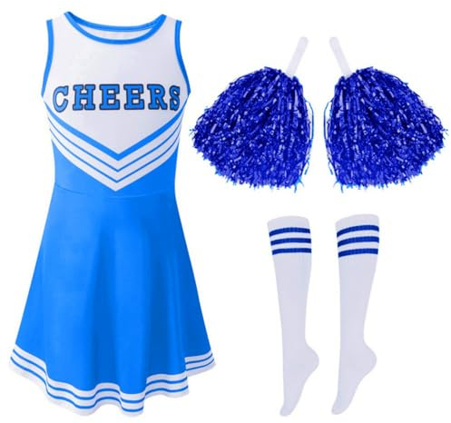 Hotfiary Mädchen Cheerleading Kleid mit Pompons und Socken, Kinder Schule Musical Fancy Party Dress Up 3-12 Jahre, Ceerleader Outfit für Halloween Cosplay Sport Spiel Uniform