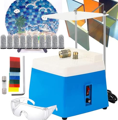 menglanchang Portable Stained Glass Grinder | Splash Guard Face Shield Tray Art Grinding Tool | Diamond Glass Art Grinding kit-5/8''&1'' Grinder Bits,10 Finger Cots,Goggles,7 Colors Glass,Blue