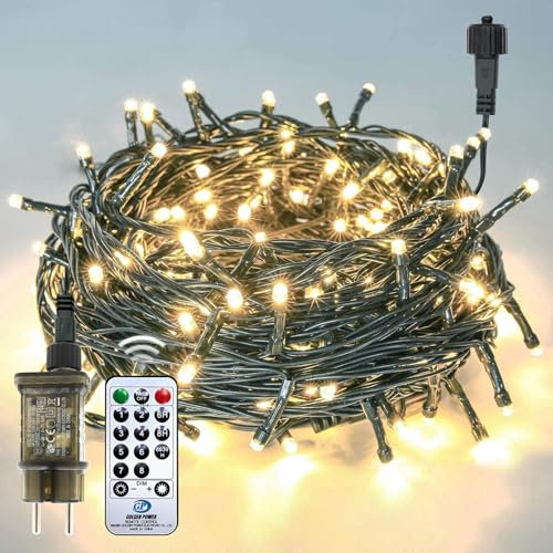 Auting Lichterkette außen Warmweiß 100LEDs, 13M grünes Kabel Lichterkette Weihnachtsbaum Strom mit Fernbedienung und Timer, 8 Modi wasserdicht Lichterketten für Garten Hochzeit Party Weihnachtsde