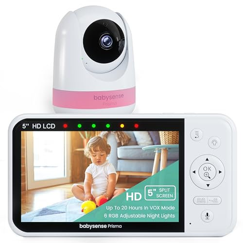 Babysense Prisma Babyphone avec Caméra et Audio, Babyphone Vidéo HD 5, Veilleuse 6 Couleurs, Écran Divisé, Machine à Son pour Bébé avec Bruit Blanc et Berceuses, sans WiFi