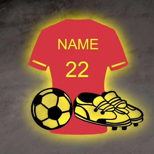 Personalised Football Metal Wall Art Light,Custom Name Football Night Lamp, Led Light Up Sign Soccer Sport Fan Accessories Gifts For Birthday Celebrating-16 Colors Changing (red-8in)