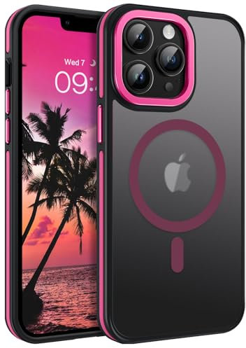DOMAVER iPhone 13 Pro Max Coque, Magnétique Coque iPhone 13 Pro Max Translucide, Compatible avec MagSafe, Etui Mate Antidérapante Antichoc Protection Housse Téléphone Fin, Rose Fluo