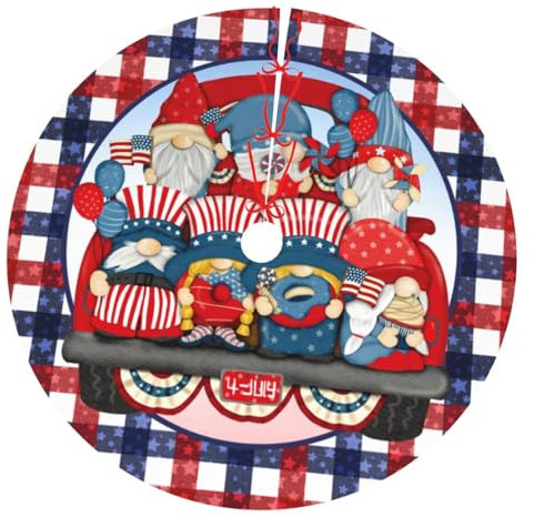 4. Juli Patriotischer niedlicher LKW-Wichtel, kariert, 91,4 cm, Weihnachtsbaum-Rock, Teppichmatte, lustige Party-Dekoration, Zubehör für Weihnachten, Halloween, Dekorationen, Anlass