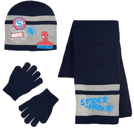 Spiderman Mütze, Schal und Handschuhe für Jungen, Winterset Mütze, Schal und Handschuhe, Winteraccessoires für Kinder, Geschenk für Jungen | Dunkelblau