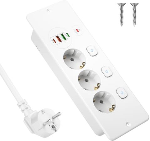 Tischplatte Steckdose mit USB C PD 20W, 3Fach Einbausteckdose einzeln Schaltbar, Tischsteckdose mit USB C, Möbelsteckdose mit Überspannungsschutz für küche Tischplatte, Office, 2M Kabel, Weiß