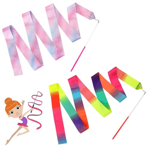 2 Stück Gymnastikband mit Stab 2M Premium Tanzen Streamer Rhythmische Sportgymnastik Band Funkelnd Tanzbänder für Mädchen künstlerischen Tanz Zirkus Karnevalsshows Outdoor-Spiele Talentshows