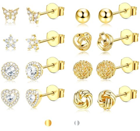 MILACOLATO Ohrstecker Gold für Damen, 8 Paar Hypoallergene Silber 925 Ohrringe Gold Stecker in Blume Schmetterling Love Knot Herz Zirkonia Ohrstecker Set für Frauen und Teenager Mädchen