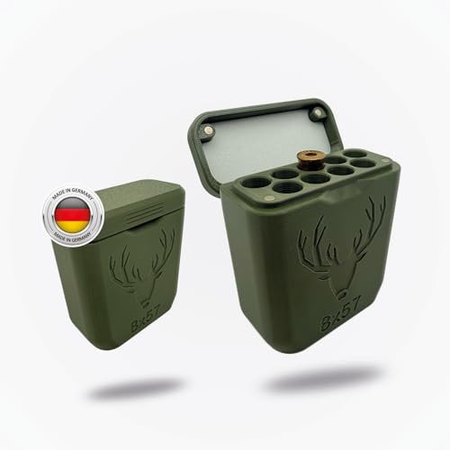 Patronenbox für 9 Patronen – Robuste, widerstandsfähige Munitionsbox mit Magnetverschluss und Gummieinlage für Geräuscharmen Transport (Grün, Kaliber 8x57)