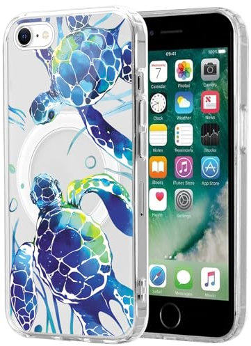 Phoona Handyhülle für iPhone 8/SE 2022/7/SE 2020 Magnetisch Hülle 4.7,Kompatibel mit MagSafe Aesthetic Muster Weiches Silikon Transparent Weich Kratzfeste Stoßfest Cover Mädchen,Blaue Seeschildkröte