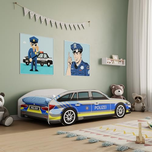 Kids Collective Autobett Kinderbett Jugendbett 70x140 & 80x160 cm mit Rausfallschutz & Matratze | 80x160 cm Polizei Polizeiauto Polizist Kinder Spielbett
