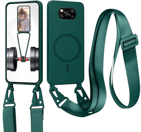 Handykette für Xiaomi Poco X3 NFC/X3 Pro/X3 Hülle mit Band [Kompatibel mit Magsafe] Flüssig Silikon Necklace Handyhülle Magnetische Schutzhülle zum Umhängen Kordel für Xiaomi Poco X3 NFC, Dunkelgrün