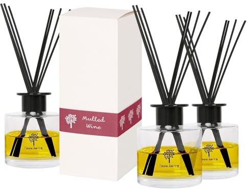 Nicola Spring Glass Reed Diffusers - 200ml - Mulled Wine - 3x Home Décor Bathroom Bedroom Room Essential Oil Air Freshener with Scented Sticks 60 Day Fragrance