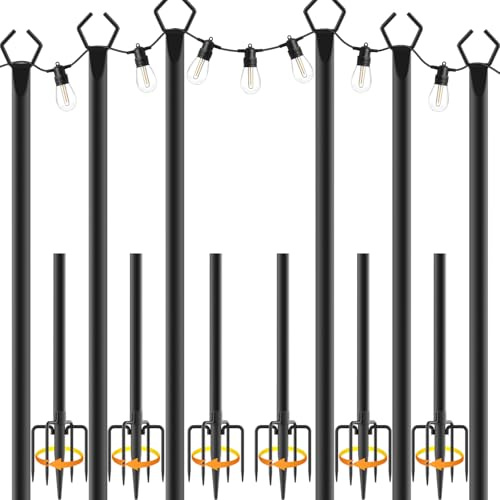 AHRLHR 6pack 3M String Light Pole, Metal Outdoor String Light Pole, Suitable for Courtyard,Backyard,Garden,Patio,Party,Wedding Hanging Light Pole,Rustproof and Sturdy with Hooks.