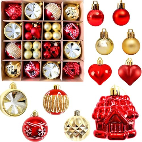 42 PCS Christmas Baubles, Xmas Balls Ornaments Set, Red & Gold Christmas Tree Decorations, Shatterproof Plastic Hanging Baubles Pendants, for Xmas Tree Holiday Party Home Decor