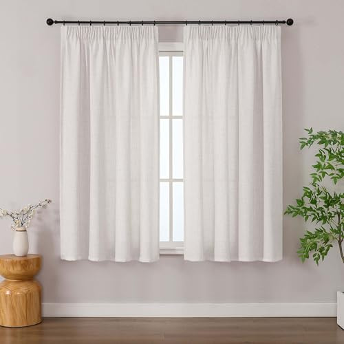 Simplebrand Beige Boho Gardinen mit Kräuselband in Leinenoptik - Gardinen in Leinenoptik 2 Stücke, halbtransparent für Wohnzimmer, Küchen-Gardinenschals mit Kräuselband, 140 x 137 cm