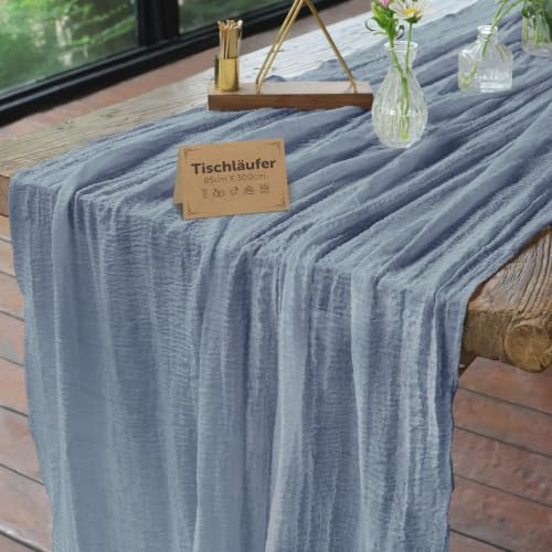 aboveBED 85cm X 300cm Musselin Käsetuch Tischläufer Dekostoff Blau | Boho Gaze Waschbar Tischdeko Tischband für Hochzeit, Geburtstag, Kommunion, Taufe, Party, Weihnachten & Silvester Dekory