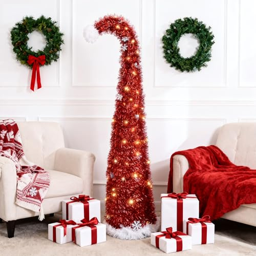 150cm Albero di Natale pop up slim a forma di cappello di Babbo Natale rosso con fiocchi di neve, albero di Natale pieghevole veloce per camera, aula, ufficio e feste
