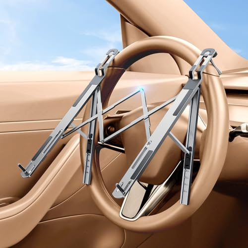 Foldable Car Laptop Holder, Adjustable Laptop Mount for Steering Wheel Tray Holder, Metal Notebook stand| Reading Stand | Tablet Holder, Multipurpose Travel Car Accessories-Silver