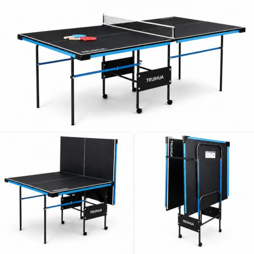 7FT Table Tennis Table Mini Junior Compact Folding Ping Pong Table Indoor with Ping Pong Racket and Net Black