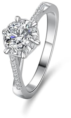 Ringe Frauen Verlobung, Ringe Damen Zeigefinger Rund mit 1 Ct Moissanit Silber Platin 950 Größe 54 (17.2)