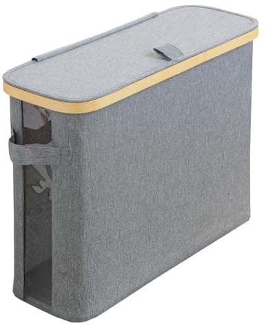 Clarsen® Aufbewahrungsbox für Toilettenpapier – Klopapier Aufbewahrungskorb für 12 Rollen – Korb mit Deckel grau aus Stoff & Bambus – Kompakt & platzsparend – mit Sichtfenster – L45 × W15,5 × H34 cm
