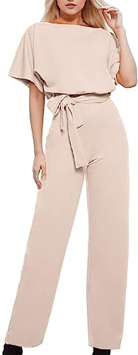 Jumpsuit Damen Elegant Rundhals Kurzarm Overall Festlich Hosenanzug Fledermausärmel Rückenfrei Sexy Oberteile Breite Bein Hosen Anzug Baggy Sommer Outfit Mit Gürtel Für Büro Urlaub Alltag Muttertag