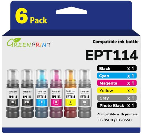 GREENPRINT Set de 6 Couleurs Bouteilles d'encre EPT114 Recharge Multipack Compatible pour ET-8500 ET-8550 Imprimante Ink Tank (Lot de 6, BK/PBK/C/M/Y/GY)