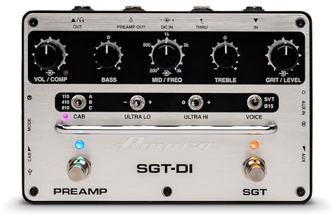 AMPEG SGT-DI Bass Preamp – Foot-Switchable Ampeg Preamplifier with SVT/B15 Voicings, IR Loader, 3-Band EQ with Sweepable Mids, Compressor and Ultra-Hi/Ultra-Lo Switches – Silver Black
