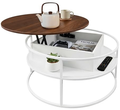 Relaxdays Couchtisch, höhenverstellbar, weiß/braun | Beistelltisch mit Stauraum, HD 46x80cm, Tisch Hebeplatte, MDF, Eisen