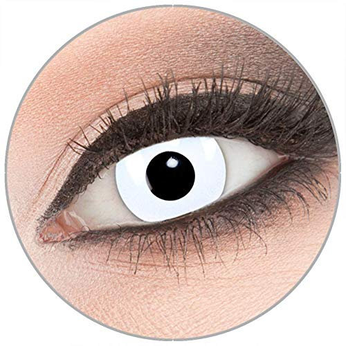 Farbige weiße Crazy Fun Kontaktlinsen 1 Paar 'WhiteOut' mit Behälter - Topqualität von 'Evil Lens' zu Fasching Karneval Halloween mit Stärke -1,50