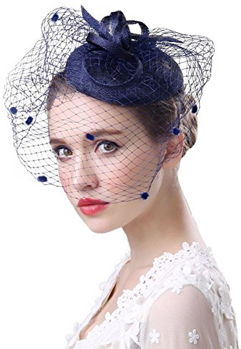 YJZQ Voile Mariage Femme Coiffure Chapeau Mariage Bibi mariage Chapeau Fleur Broche Béret à Pince avec Plume Décoré Accessoire de Cheveux Mini pour Mariage Cocktail et Fête, Bleu Marine, Taille unique