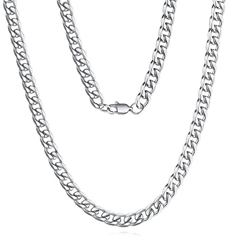 FOSIR 7mm Stainless Steel Flat Cuban link Chain for Men Silver Curb Necklace,18-30inches