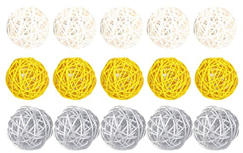 EXCEART 15pcs Rattan Wicker Balls DIY Vase Bowl Filler Ornaments Aroma Dffuser Balls for Wedding Home Hanging Decoration Table Confetti 5cm (White Yellow Silver)
