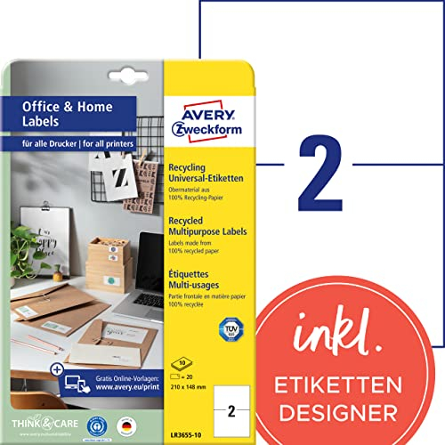 AVERY Zweckform LR3655-10 Recycling Etiketten (20 Adressaufkleber, 210x148mm auf A4, 100% recyceltes Altpapier, bedruckbare Versandetiketten, selbstklebende Klebeetiketten, DHL) 10 Blatt, naturweiß