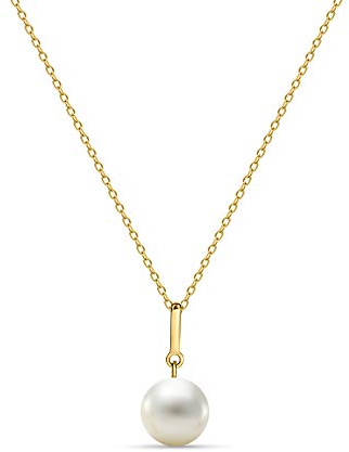 MIORE Schmuck Damen Halskette mit Kettenanhänger runde weiße Süßwasserperle 8.5 mm Kette aus Gelbgold 14 Karat / 585 Gold, Länge Einstellbar 42-45cm